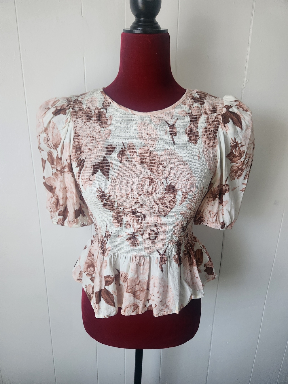 Express Floral Smocked Peplum Top - Cream & Brown Small
